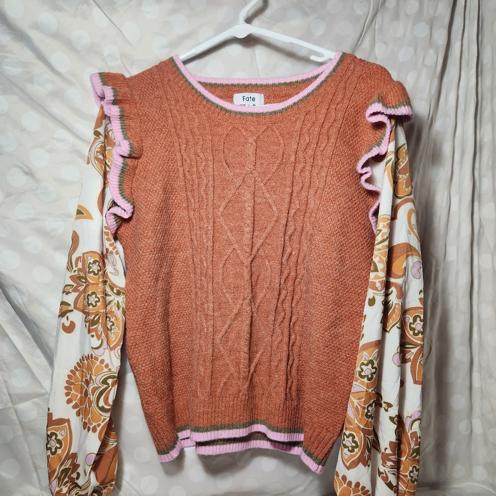 Fate Womens Rust Woven Contrast Ruffle Sleeve Floral Top Sweater Size Small